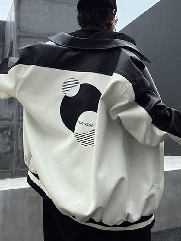 Chaqueta motera de cuero con empalme Hip Pop para hombre-1