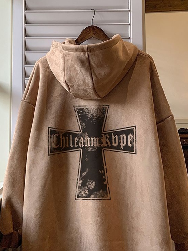 Sudadera extragrande con capucha y estampado de cruces de ante para hombre-2