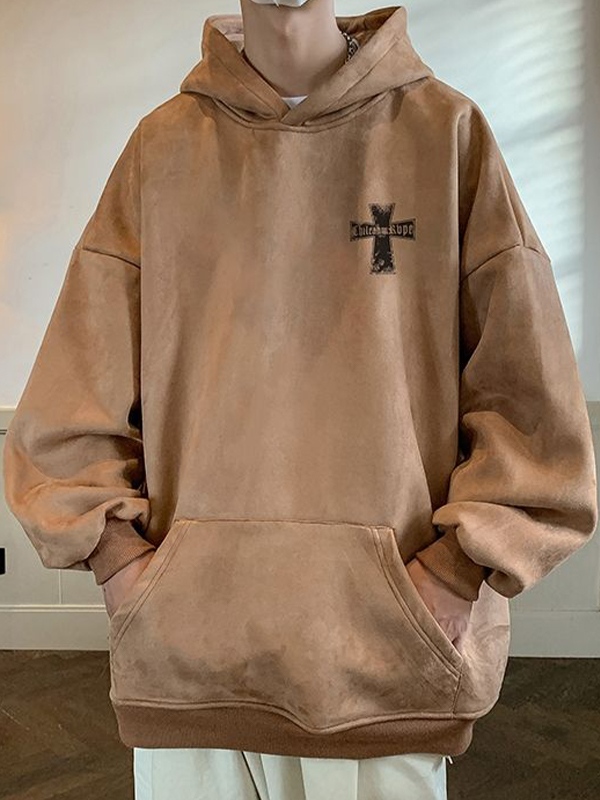 Sudadera extragrande con capucha y estampado de cruces de ante para hombre-3