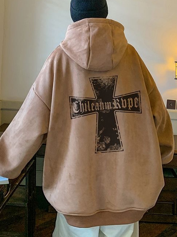 Sudadera extragrande con capucha y estampado de cruces de ante para hombre-1