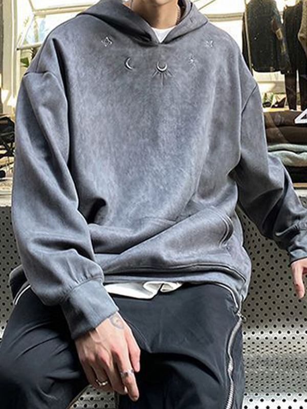 Sudadera con capucha extragrande con bordado de luna y estrella de ante para hombre-1