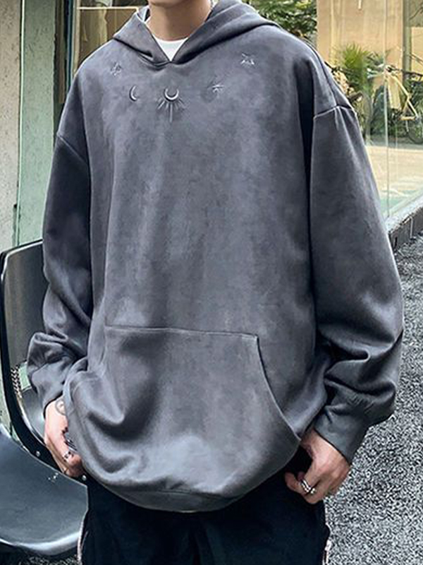 Sudadera con capucha extragrande con bordado de luna y estrella de ante para hombre-2