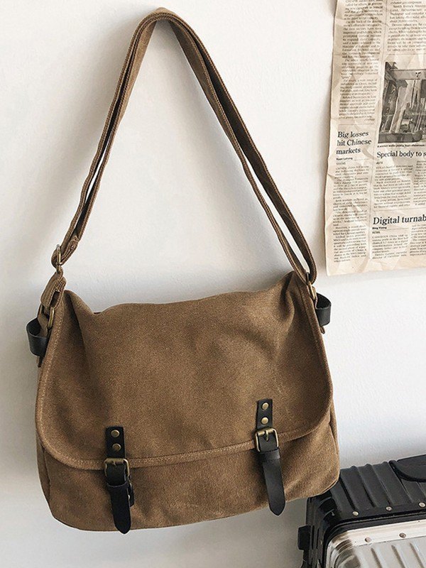 Bolso bandolera grande de lona con correa con hebilla-1