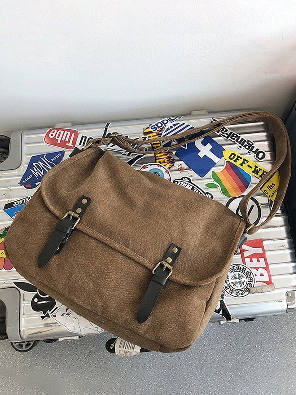 Bolso bandolera grande de lona con correa con hebilla-2